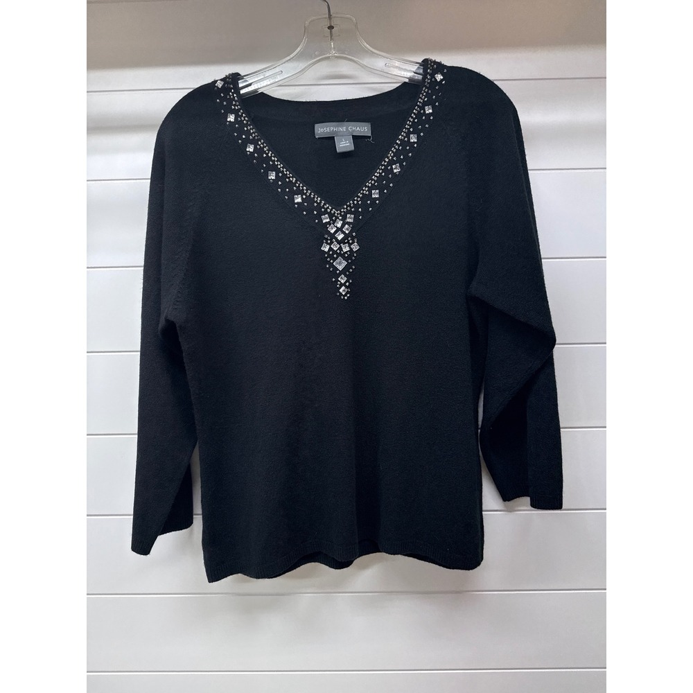 Josephine Chaus Black Embellished V-Neck Knit Sweater Large Rhinestone Studs